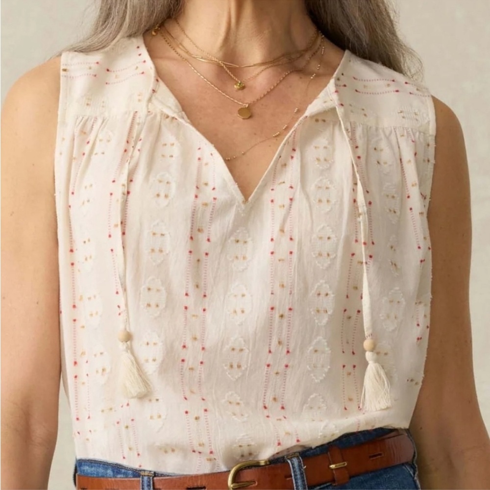 Women’s Sleeveless Ivory Embroidered Tie-Neck Top Faherty